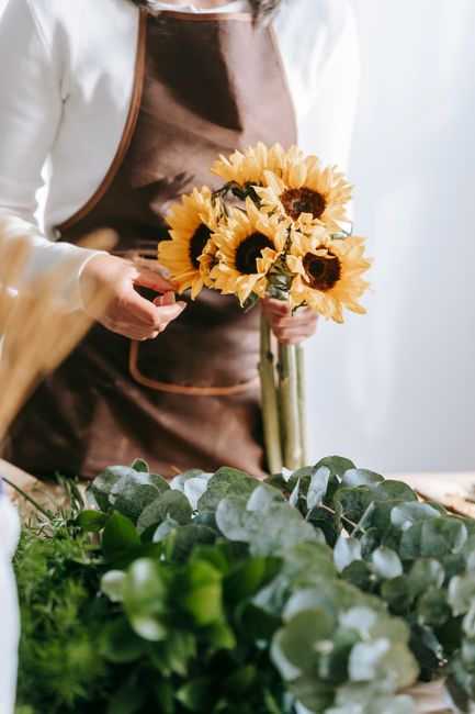 A person wearing a brown apron and a white long-sleeved shirt is holding a bouquet of fresh sunflowers with bright yellow petals and dark centers, positioned in front of a workspace filled with green foliage and various plant materials. The workspace appears to be indoors with natural light coming from the right side. In the background, there are blurred elements of plant arranging tools and possibly floral foam or wrapping materials. This scene is related to home relocation involving packing fresh flowers or preparing floral arrangements, emphasizing careful handling and organization, which aligns with moving or packing services offered by Brixton Removals connected to house and furniture transport. The person's focus on floral arrangement suggests careful loading or packing practices during a house removals or moving process.